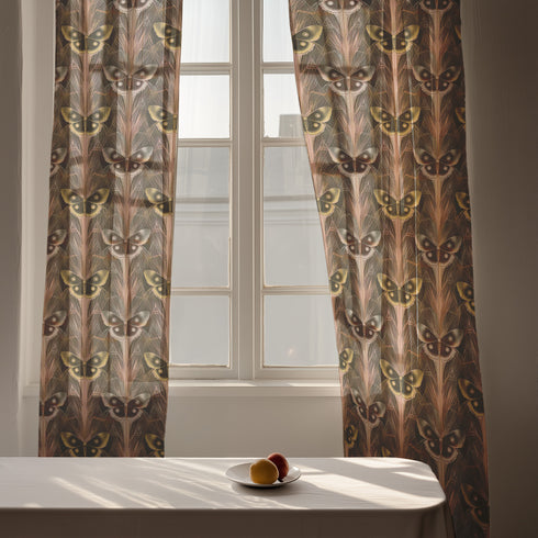 Sheer curtain panel featuring an alternating pattern of golden yellow and silver-gray moths arranged in vertical columns against a dusky background, with delicate rose-gold botanical details connecting each specimen.